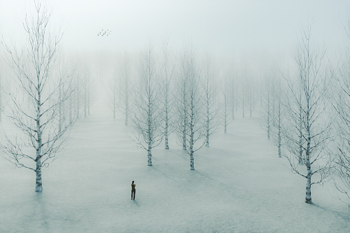 Young woman walking in fantasy winter landscape. This is entirely 3D generated image.