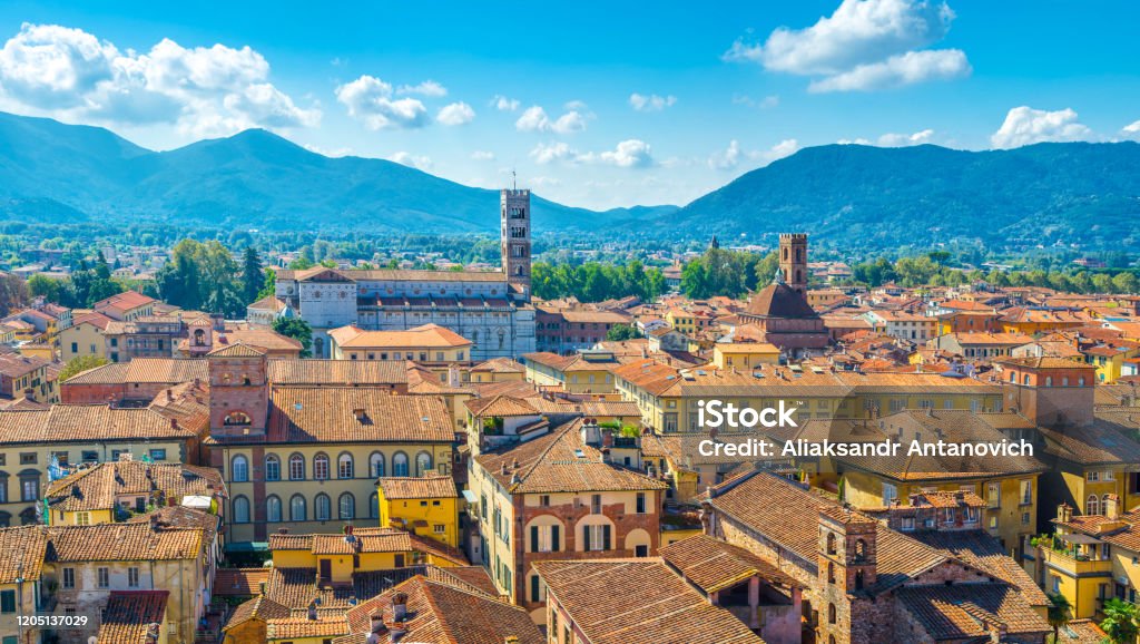 Aerial top panoramic view of historical centre medieval town Lucca with old buildings, typical orange terracotta tiled roofs and mountain range, hills, blue sky white clouds background, Tuscany, Italy Lucca Stock Photo