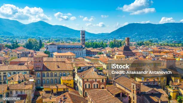 Aerial Top Panoramic View Of Historical Centre Medieval Town Lucca With Old Buildings Typical Orange Terracotta Tiled Roofs And Mountain Range Hills Blue Sky White Clouds Background Tuscany Italy Stock Photo - Download Image Now