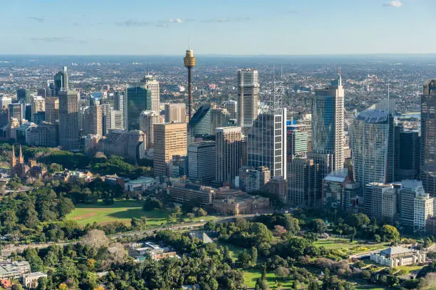 Sydney city cityscape aerial view landscape with offices and Domain. Central Buisiness District office buildings and commercial and residential property aerial urban cityscape. Sydney, Australia