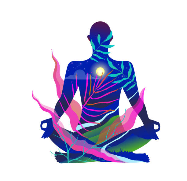 Human body figure yoga and meditation in nature design in acid bright colors. Indian zen esoteric peaceful scene in blue acid color, with person yoga lotus position, with sun heart chakra, nature in the body design. chakra illustrations stock illustrations
