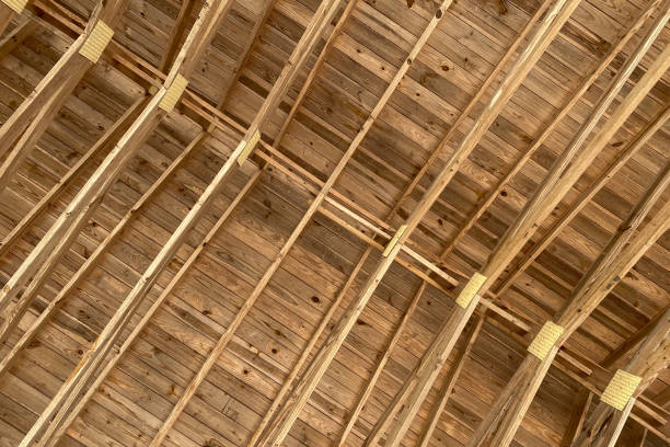 barn roof rafters at a horizontal view diagonal