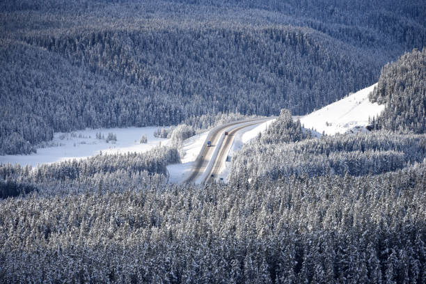 Canadian mountain highway in winter stock photo