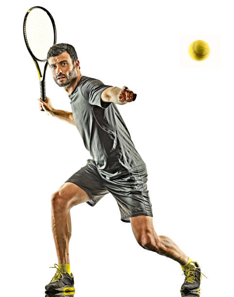 mature tennis player man forehand silhouette isolated white background - ténis desporto com raqueta imagens e fotografias de stock