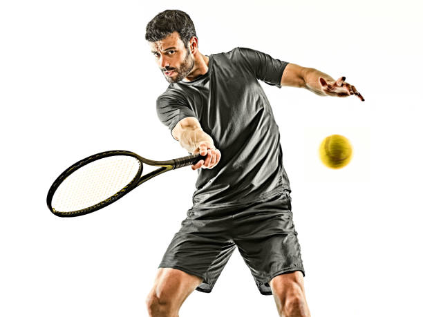 istock mature tennis player man forehand front view isolated white background 1205143651