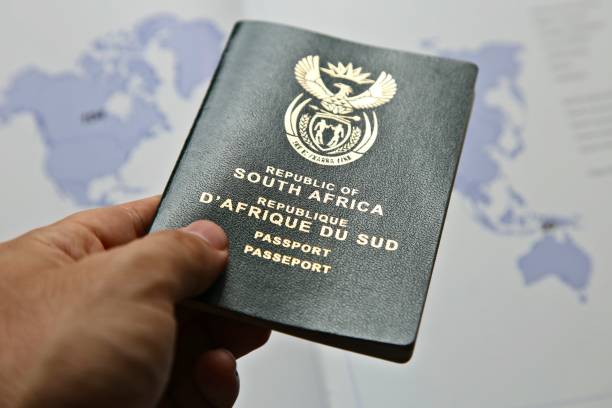istock Hand holding South African passport. Emigration concept image. 1205145014