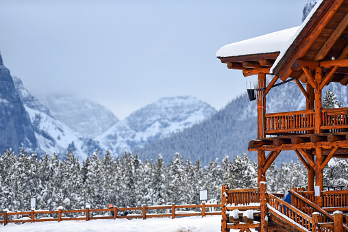Ski lodge at mountain resort in winter