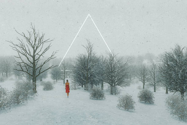młoda kobieta spacerująca w fantastycznym zimowym krajobrazie - weather time travel locations nature zdjęcia i obrazy z banku zdjęć