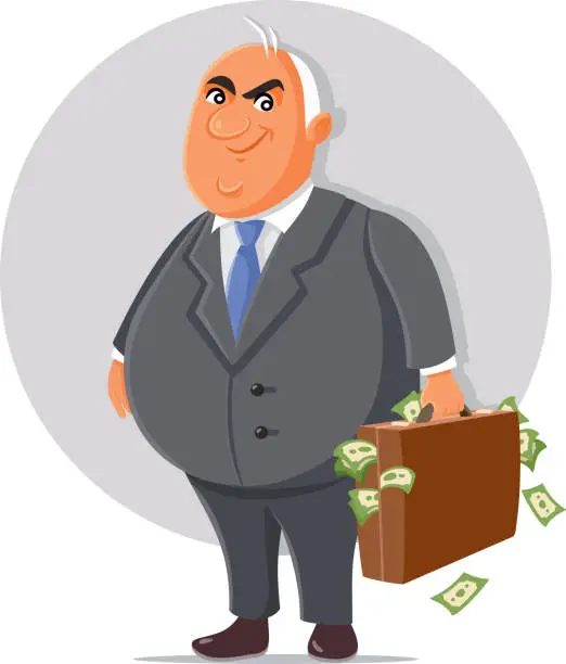 Vector illustration of Corrupt Politician with Briefcase Full of Money Cartoon