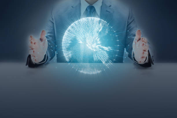 istock Geometric Network Polygon Globe Hologram Inside a Businessman's Opened Hands 1205153340