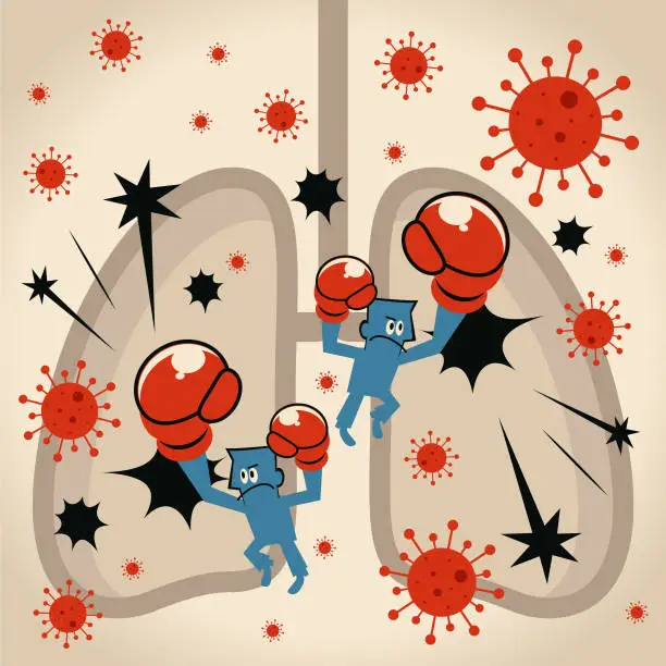 Vector illustration of The immune system (scientist, doctor, biochemist) fights against new virus virus coronavirus in human lungs