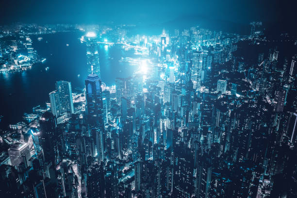 istock Scenic view on Hong Kong island, China, by night 1205159290