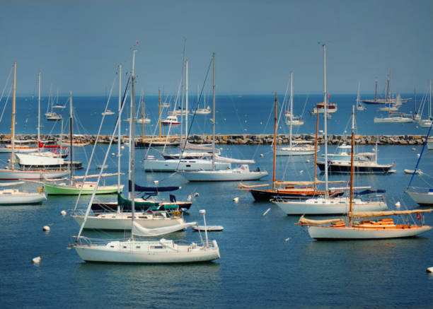 The island of Martha's Vineyard has many harbors and inlets for boat viewing. A late afternoon in summer and Vineyard Haven is well stocked with sailboats.