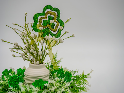 St. Patrick’s Day Floral Arrangement with Green Four Leaf Clovers