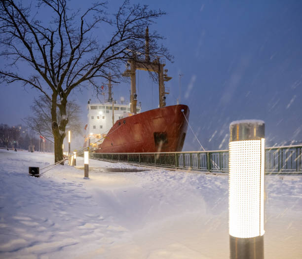 The Windsor, Ontario Skyline with a Canadian Coast Guard ship moored along its waterfront.