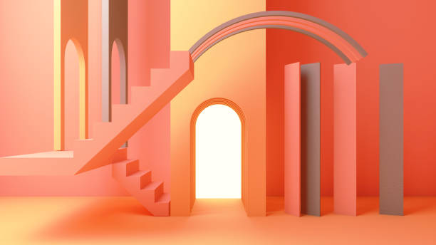 istock 3d render illustration in modern geometric style Arch and stairs in trendy minimal interior Gradient pastel colors background Abstract composition 1205165272