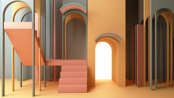 istock 3d render illustration in modern geometric style Arch and stairs in trendy minimal interior Gradient pastel colors background Abstract composition 1205165547