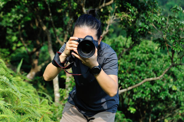 istock Photographer taking photo in the forest with digital camera 1205165580