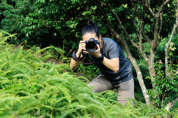 istock Photographer taking photo in the forest with digital camera 1205165602