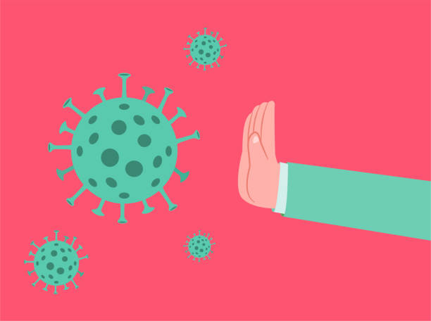 Concept of Corona virus prevention.Vector flat illustration. Coronavirus blocked with one hand with a rejection gesture.Concept of Corona virus prevention.Vector flat illustration. virus stock illustrations