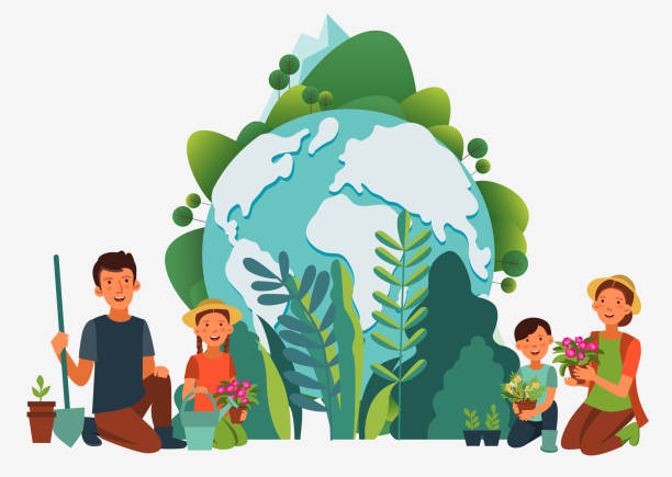 ilustrações de stock, clip art, desenhos animados e ícones de happy family gardening. eco friendly ecology concept. nature conservation vector illustration - plantar ilustrações