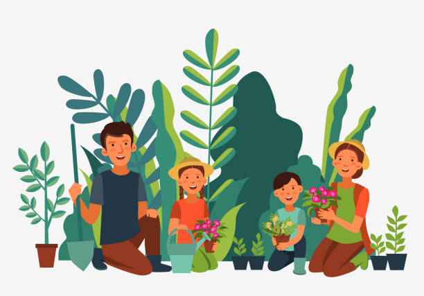 ilustrações, clipart, desenhos animados e ícones de feliz jardinagem familiar. conceito de ecologia ecológica. ilustração do vetor de conservação da natureza - spring tree orchard forest