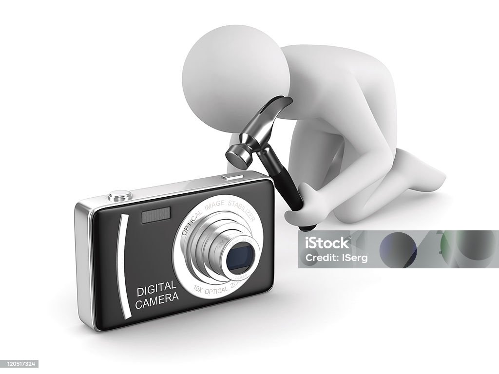 Homem reparos câmera digital compacta. Imagem 3D isolada no branco - Foto de stock de Adulto royalty-free