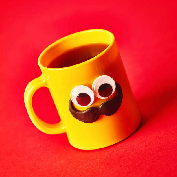 istock Coffee cup character with eyes and mustache on red background 1205174530