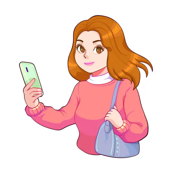 Vector illustration of Kawaii girl holding cellphone, using mobile for selfie. Cute woman with bag smiling, posing at smartphone. Flat cartoon vector illustration