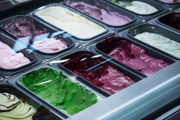 istock Dessert colorfully decorated in a cafe shop window 1205187548
