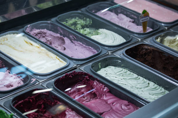 istock Dessert colorfully decorated in a cafe shop window 1205187557