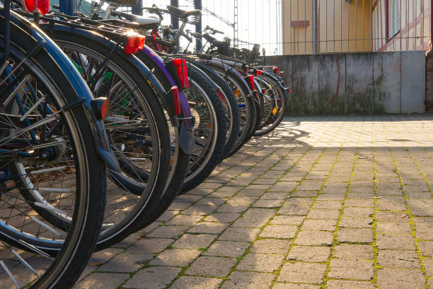 Bicycles are parking at rail station with copy space