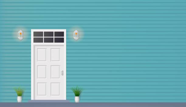 ilustrações de stock, clip art, desenhos animados e ícones de wooden door of house front view with lamps - open front door