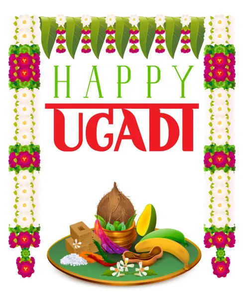 Vector illustration of Happy Ugadi traditional food and garland decoration. Mango leaf, sugar, salt, banana, neem and flower garland mala