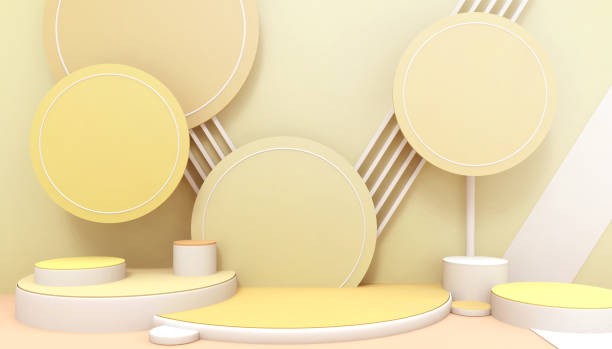 istock Podium Modern Geometric shapes and Circle Display minimal Concept Abstract Creative ideas composition on Yellow wall Background - 3d rendering 1205194084
