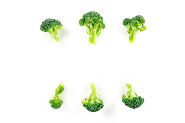 istock Broccoli florets, shot from above on a white background with a place for text 1205194449