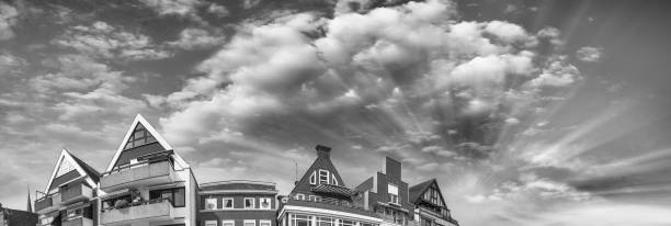 Sunset panoramic view of Travemunde buildings, Germany.