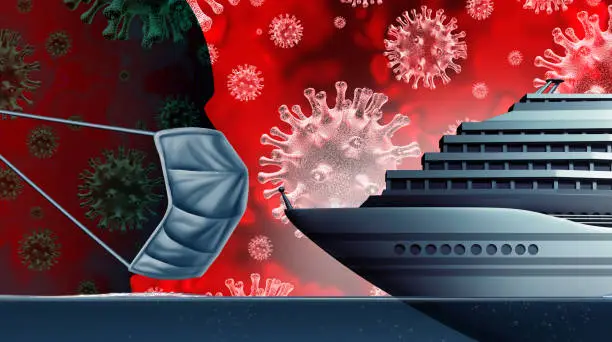 Cruise ship coronavirus public health risk  on a boat liner as a contagious disease and flu outbreak or coronaviruses influenza as a pandemic medical concept at sea with dangerous cells as a 3D render.