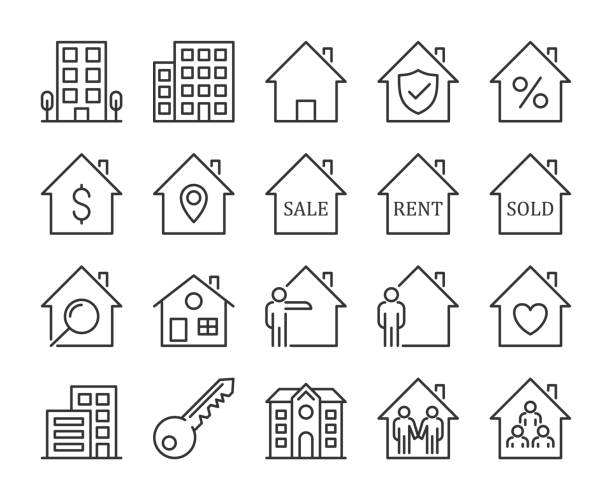 ikony nieruchomości. zestaw ikon linii nieruchomości i domów. ilustracja wektorowa. edytowalne obrys. - computer icon symbol icon set real estate stock illustrations