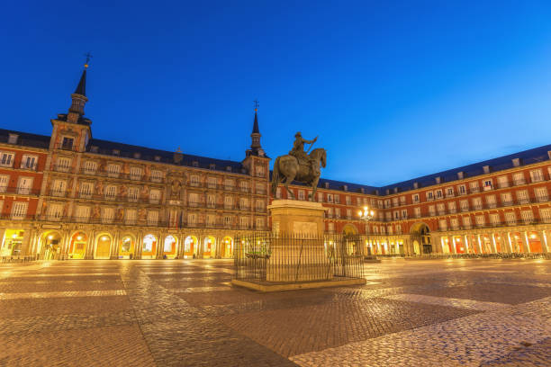 istock Madrid Spain, night city skyline at Plaza Mayor 1205200652