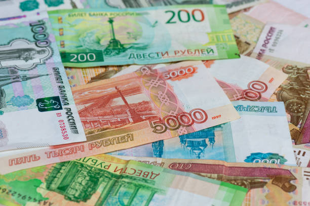 istock Russia rubles bank note / bill with top view or flat lay concept 1205200811