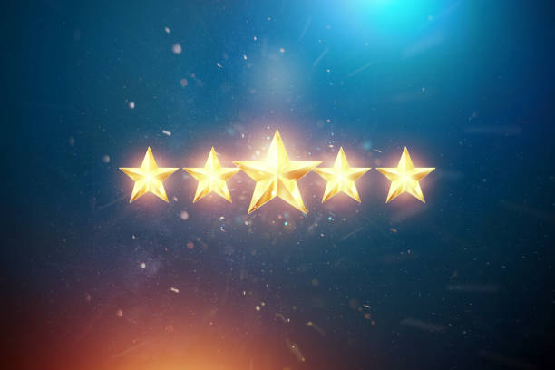 istock 5 gold stars on a blue background, assignment of a new rating, service rating, a new level, business concept. Mixed medium. 3d illustration, 3D render. 1205201427