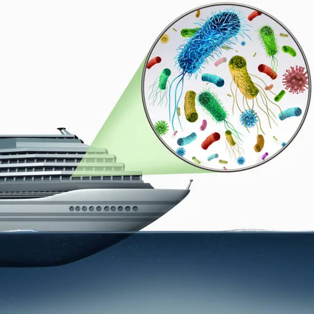 Cruise liner Ship disease outbreak and norovirus and e coli contamination risk as a passenger boat with contagious germs health risk as a 3D illustration.