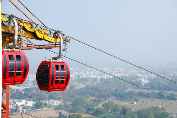 Skiing on the Mountain. cable car and skyline