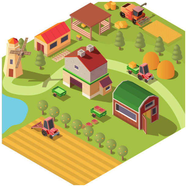 gospodarstwo izometryczne lub podwórko na ranczo z budynkami gospodarczych - isometric combine harvester tractor farm stock illustrations