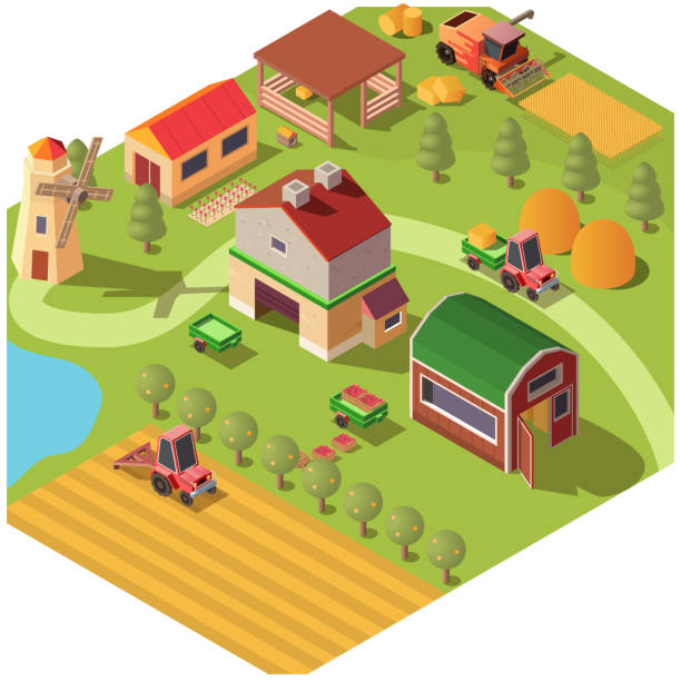 Isometric farm or ranch yard with outbuildings Isometric farm or modern ranch yard with outbuildings, wind mill, fruit garden and field of grain. Combine harvester threshing corn or wheat, plow soil, tractor transporting. 3d vector illustration threshing stock illustrations