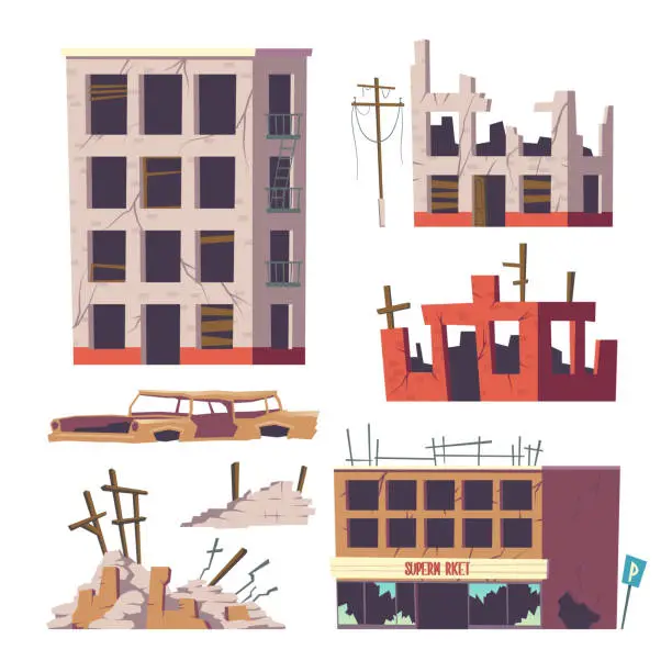 Vector illustration of Ruined abandoned houses and car set, old buildings