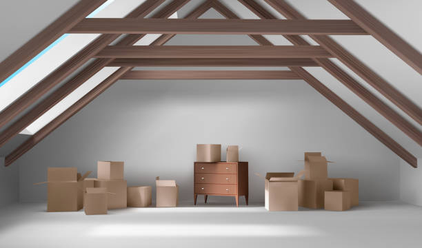 House attic interior, mansard room with boxes House attic interior, mansard room with cardboard boxes and wooden chest of drawers, empty spacious place on roof with beams ceiling, white floor, walls, wide window, Realistic 3d vector illustration sky light background stock illustrations