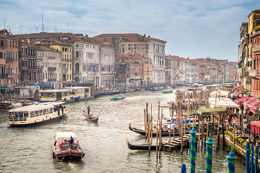 Venice, Italy, Feb 26 - A view of the Grand Canal of Venice from the Rialto Bridge. Venice is one of the most loved and visited Italian cities by the millions of tourists who visit this Mediterranean country every year.