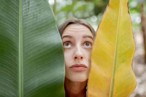 Facial portrait of a woman with sad emotions hiding behind a fresh and dry banana leaves on the plantation. Skin care concept